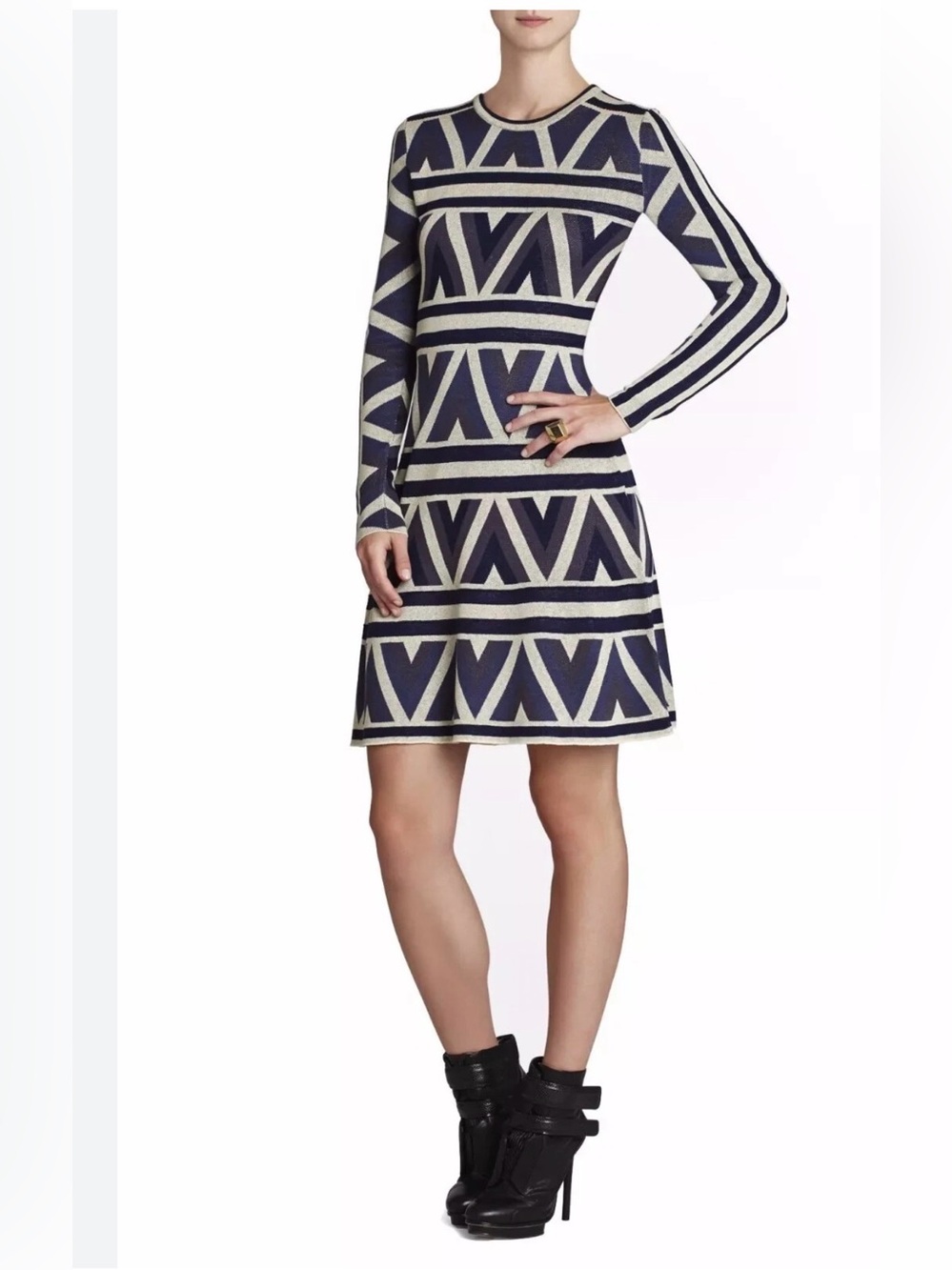 BCBGMaxAzria Navy and Cream Geometric Long-Sleeve A-Line Dress